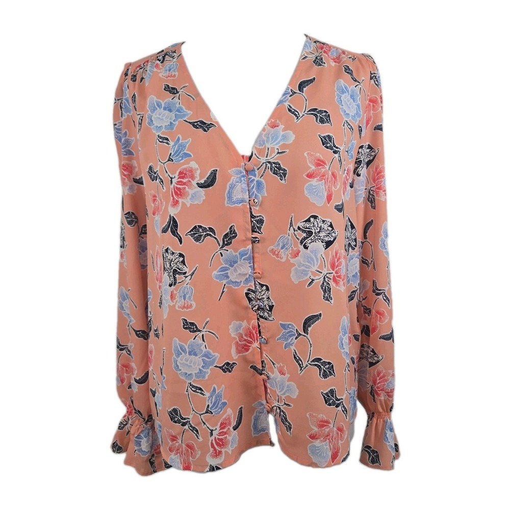 Joie Medium Peach Floral Chiffon Button Front Long Sleeve V Neck Blouse Top